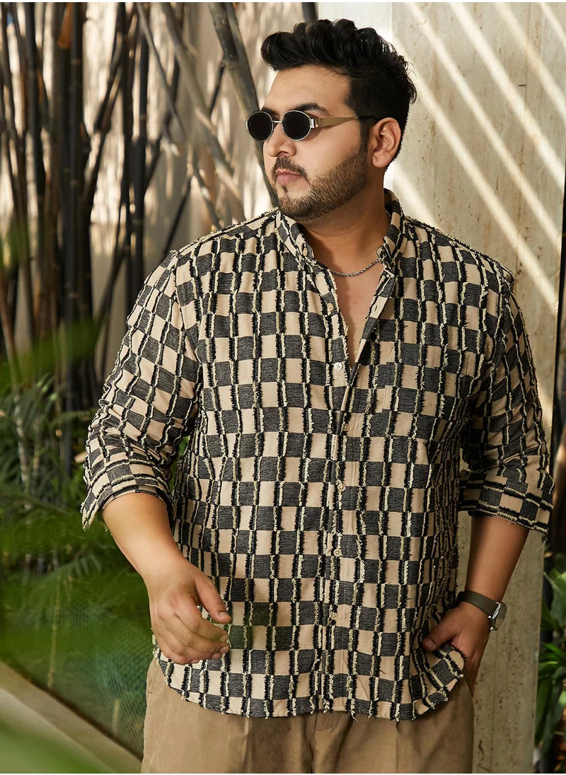 انستافاب بلس Instafab Plus Men's Charcoal Black & Off-White Block-Edge Shirt For Casual Wear | Spread Collar | Long Cuffed Sleeves | Button Closure | Plus Size Shirt Crafted With Comfort Fit For Everyday Wear