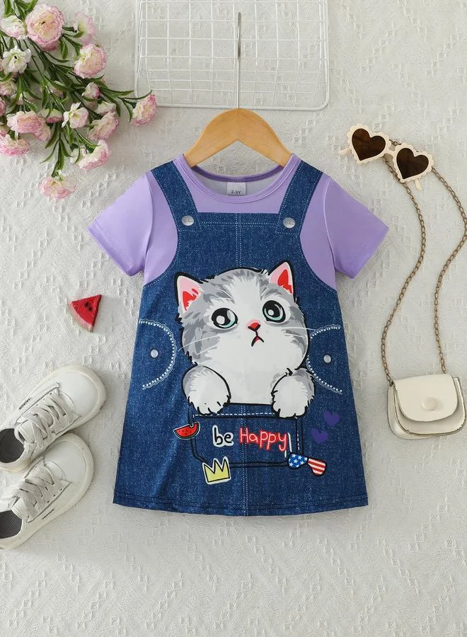 تايك تو Girls Cute Cat Denim A-Line Dress