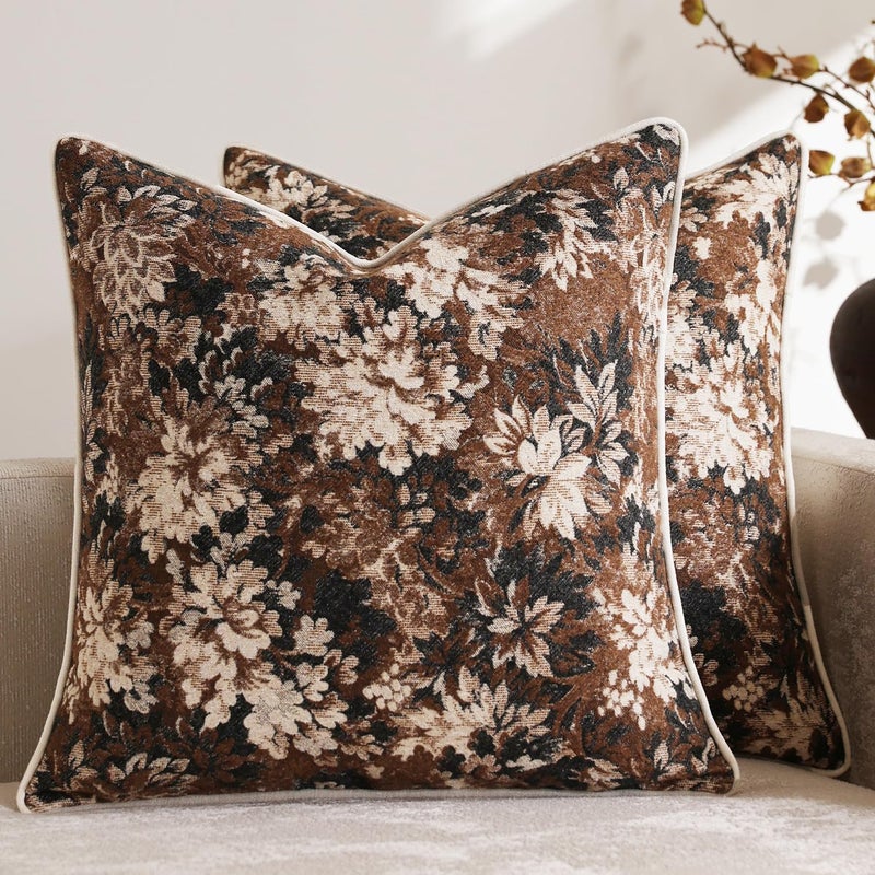 DEZENE Pack of 2 Vintage Floral Throw Pillow Covers 18x18 Boho Farmhouse Accents Chenille Square Decorative Pillow Cases for Living Room Couch Bed Home Decor, Dark Brown - Image 1