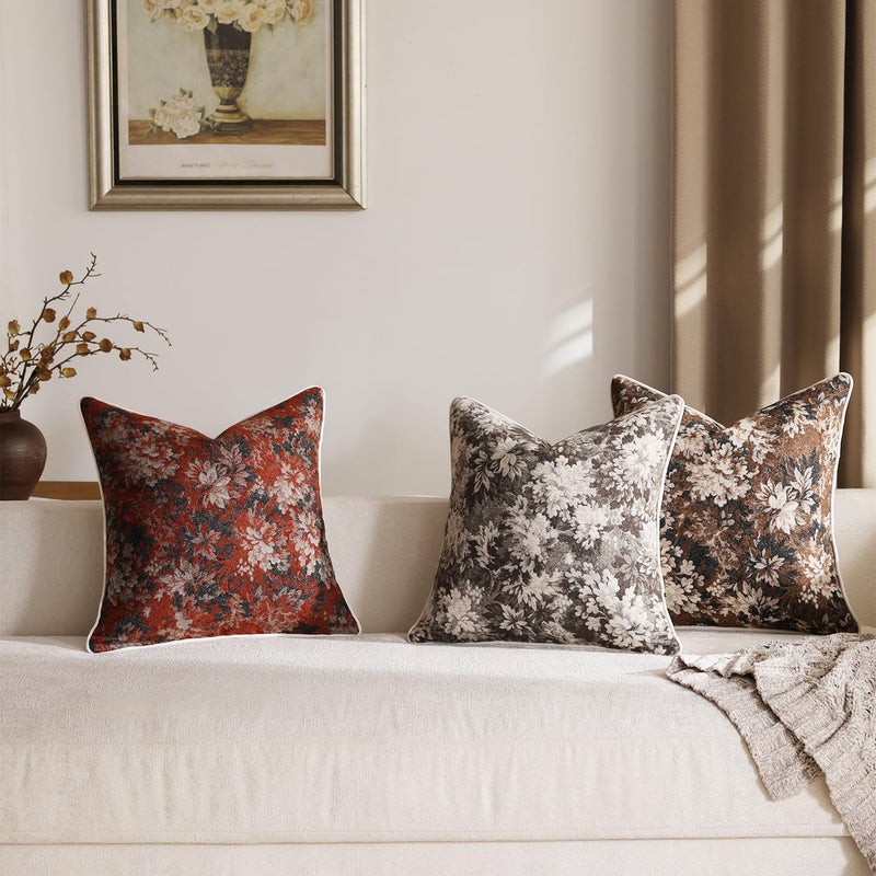 DEZENE Pack of 2 Vintage Floral Throw Pillow Covers 18x18 Boho Farmhouse Accents Chenille Square Decorative Pillow Cases for Living Room Couch Bed Home Decor, Dark Brown - Image 4