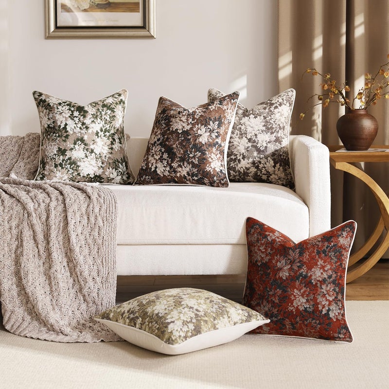 DEZENE Pack of 2 Vintage Floral Throw Pillow Covers 18x18 Boho Farmhouse Accents Chenille Square Decorative Pillow Cases for Living Room Couch Bed Home Decor, Dark Brown - Image 5