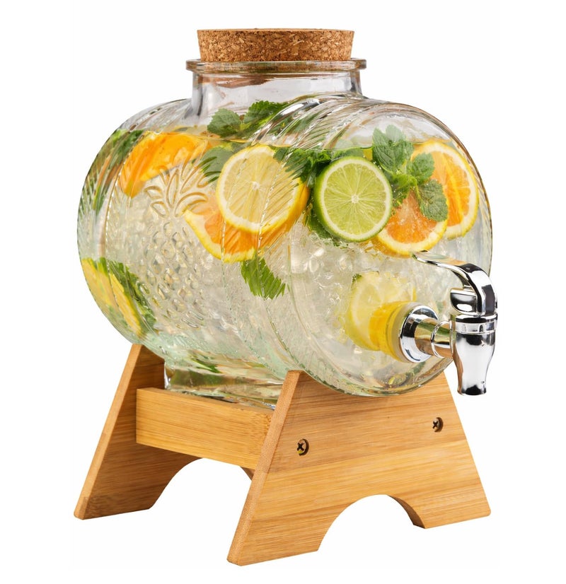 Mevanta 3 Litre Glass Juice Dispenser with Tap, Airtight Lid & Wooden Stand | Premium Glass Water & Beverage Dispenser Jar for Detox Lemonade & Cold Drinks Ideal for Home, Kitchen & Restaurant - Image 1