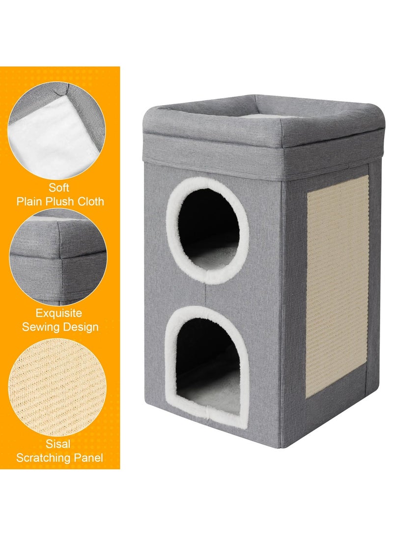 Cat House Indoor 2 Layer Cats Cave with Scratching Board, Multi-Level Kitten Bed for Indoor Cats, Cozy Cat Igloo Bed with Soft Velvet Spacious for Small Medium Pets Grey - Image 4