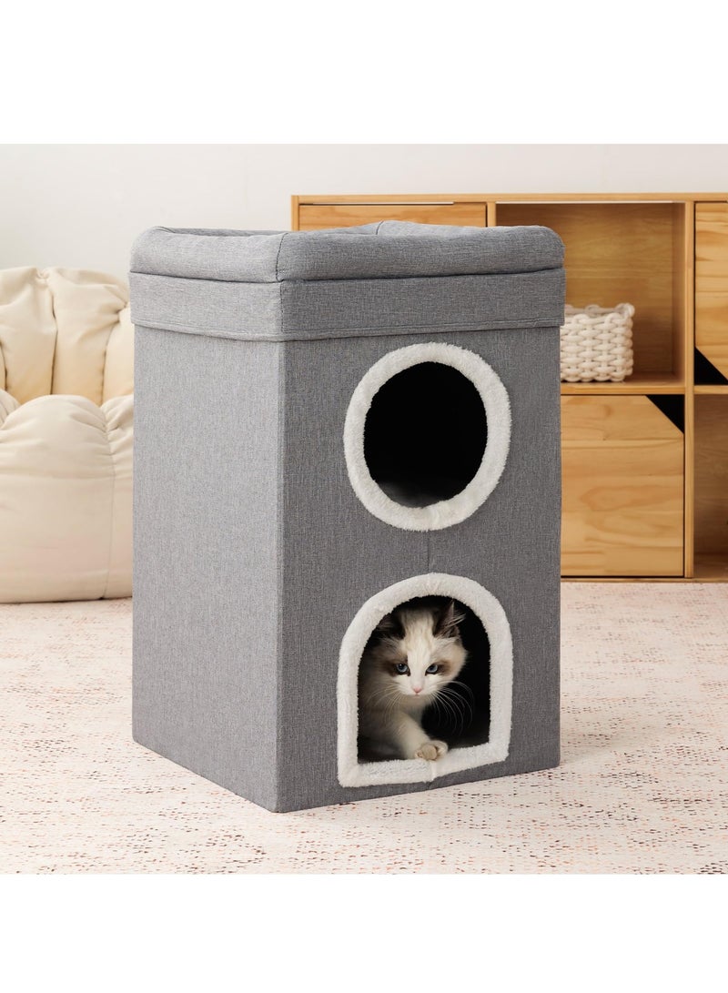 Cat House Indoor 2 Layer Cats Cave with Scratching Board, Multi-Level Kitten Bed for Indoor Cats, Cozy Cat Igloo Bed with Soft Velvet Spacious for Small Medium Pets Grey - Image 3