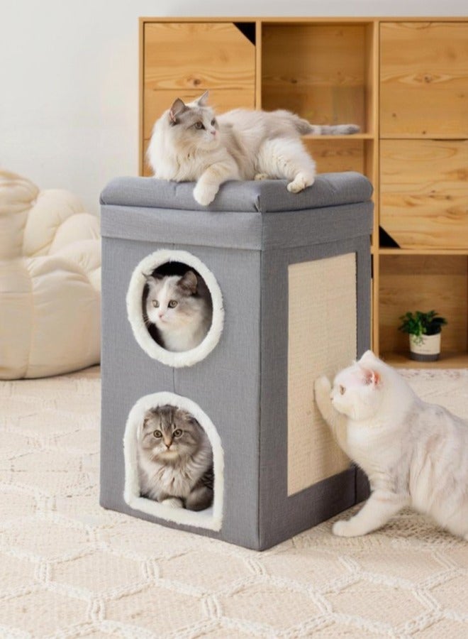 Cat House Indoor 2 Layer Cats Cave with Scratching Board, Multi-Level Kitten Bed for Indoor Cats, Cozy Cat Igloo Bed with Soft Velvet Spacious for Small Medium Pets Grey - Image 1