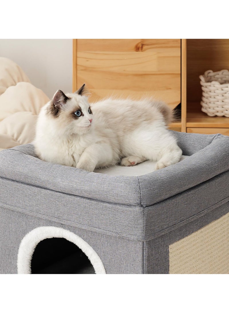Cat House Indoor 2 Layer Cats Cave with Scratching Board, Multi-Level Kitten Bed for Indoor Cats, Cozy Cat Igloo Bed with Soft Velvet Spacious for Small Medium Pets Grey - Image 2