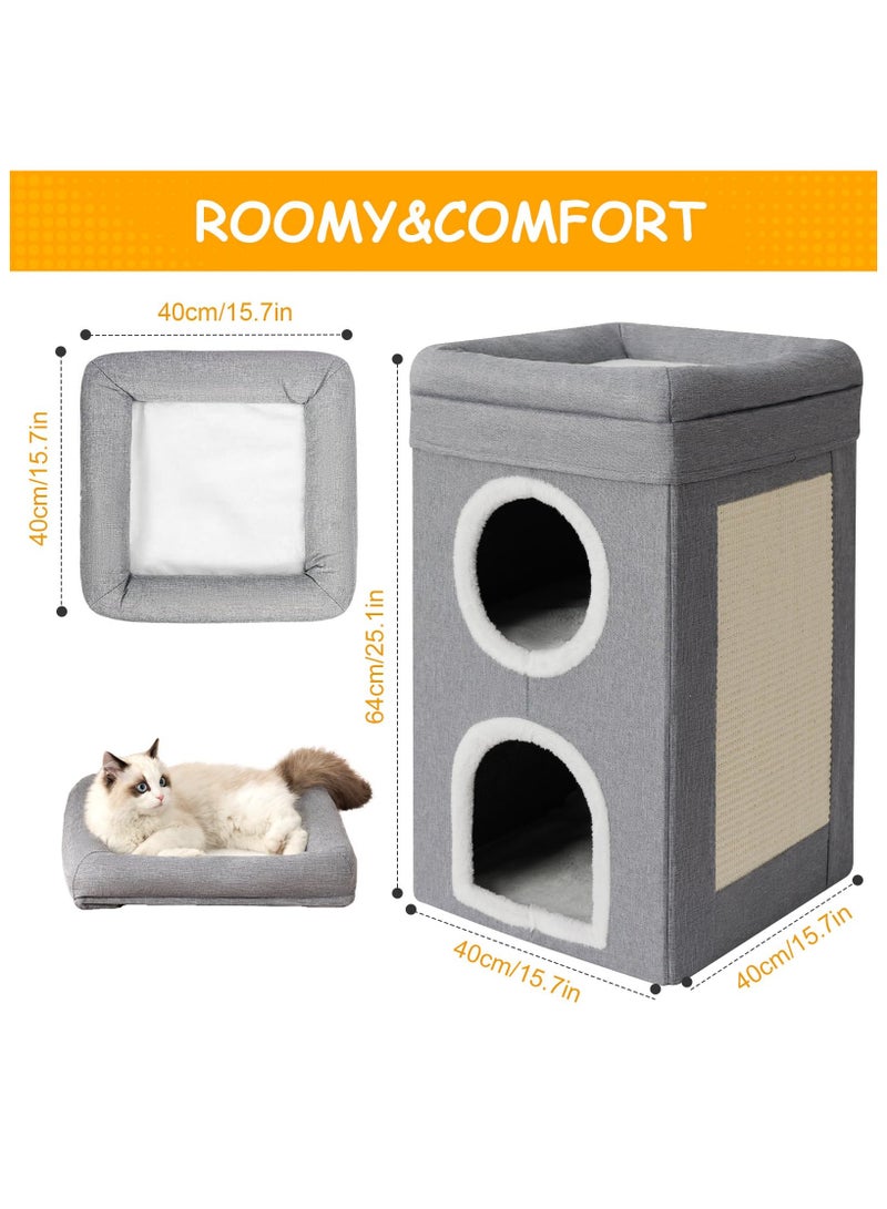 Cat House Indoor 2 Layer Cats Cave with Scratching Board, Multi-Level Kitten Bed for Indoor Cats, Cozy Cat Igloo Bed with Soft Velvet Spacious for Small Medium Pets Grey - Image 5