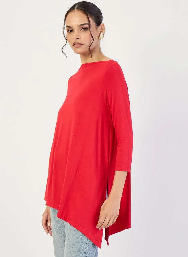 Femmella Red 3/4 Sleeve Asymmetric Hem Top