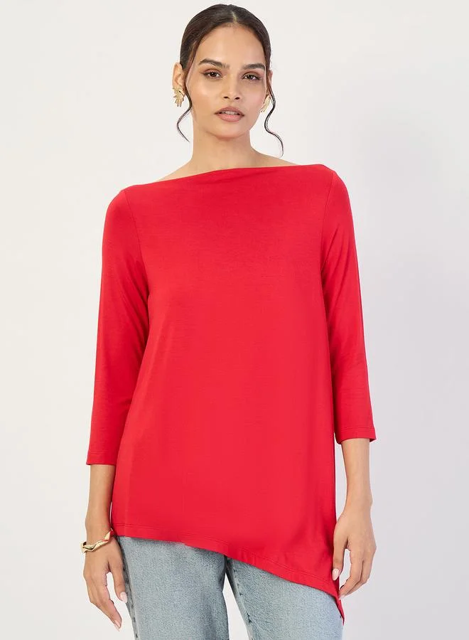 Femmella Red 3/4 Sleeve Asymmetric Hem Top