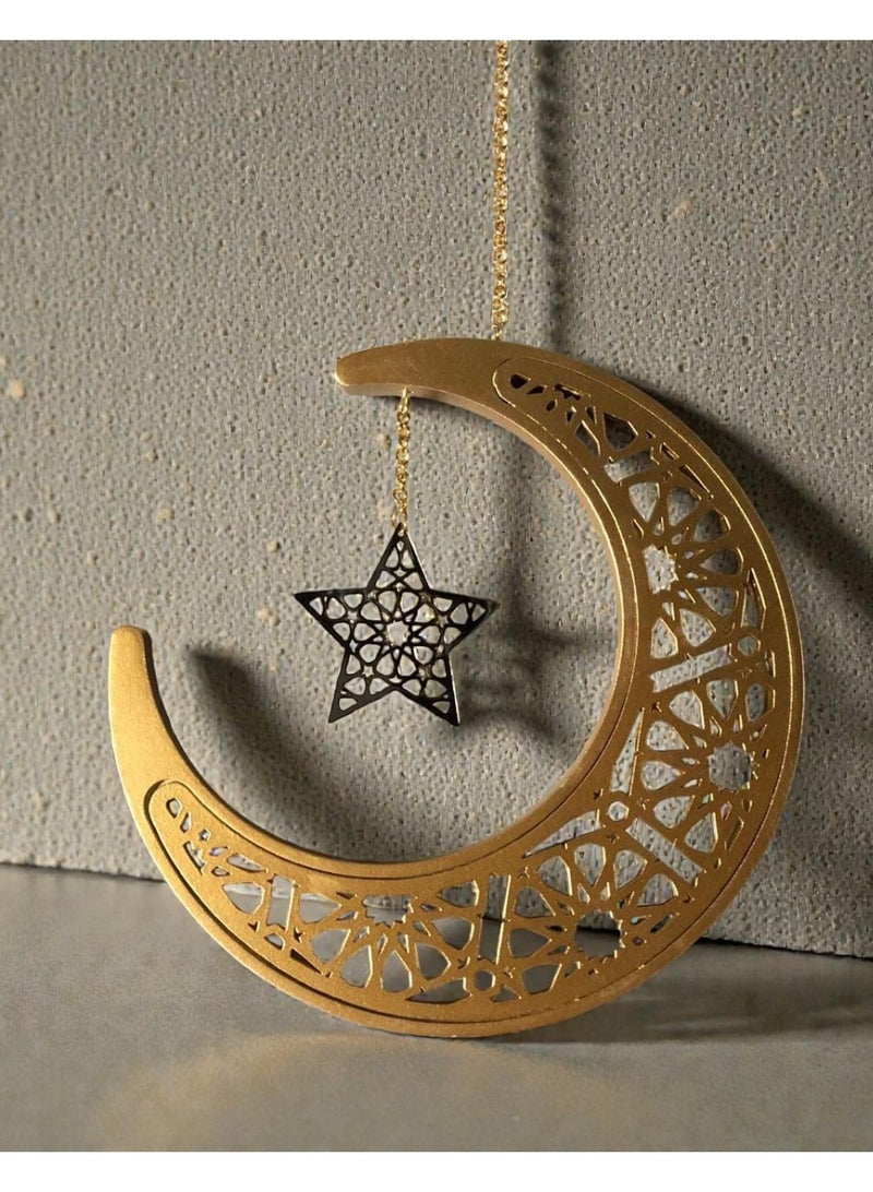 جيويل هلال رمضاني معدني ذهبي اللون، يُعلق على الباب أو الحائط - Image 1