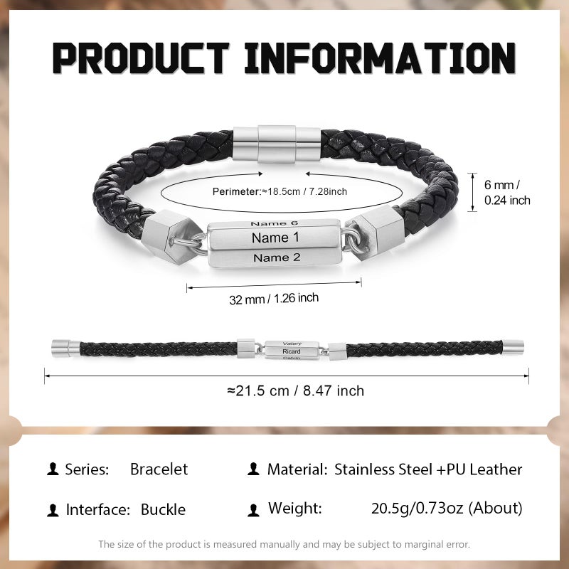 Personalized Mens Leather Bracelet Silver Color Engraved With 6 Names Fathers Day Gift - Image 3