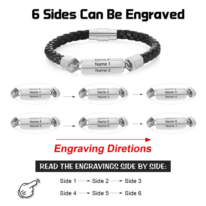 Personalized Mens Leather Bracelet Silver Color Engraved With 6 Names Fathers Day Gift - Image 4