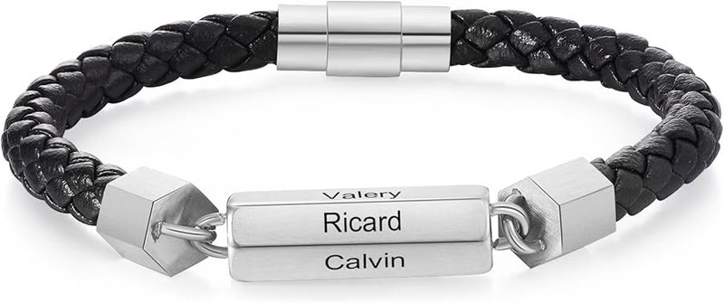 Personalized Mens Leather Bracelet Silver Color Engraved With 6 Names Fathers Day Gift - Image 1