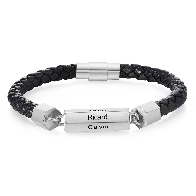 Personalized Mens Leather Bracelet Silver Color Engraved With 6 Names Fathers Day Gift - Image 2