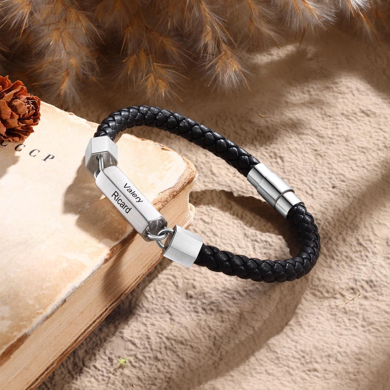 Personalized Mens Leather Bracelet Silver Color Engraved With 6 Names Fathers Day Gift - Image 5