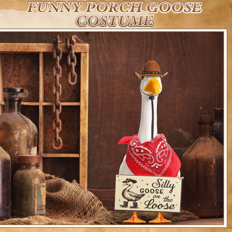 Silicherry Funny Porch Goose Decoration Set Silly Goose on The Loose Hangings Sign Cowboy Goose Outfit with Cowboy Hat and Red Bandana for 23" Cement/Plastic Goose Outdoor Statue Patio Yard Lawn Art - Image 4