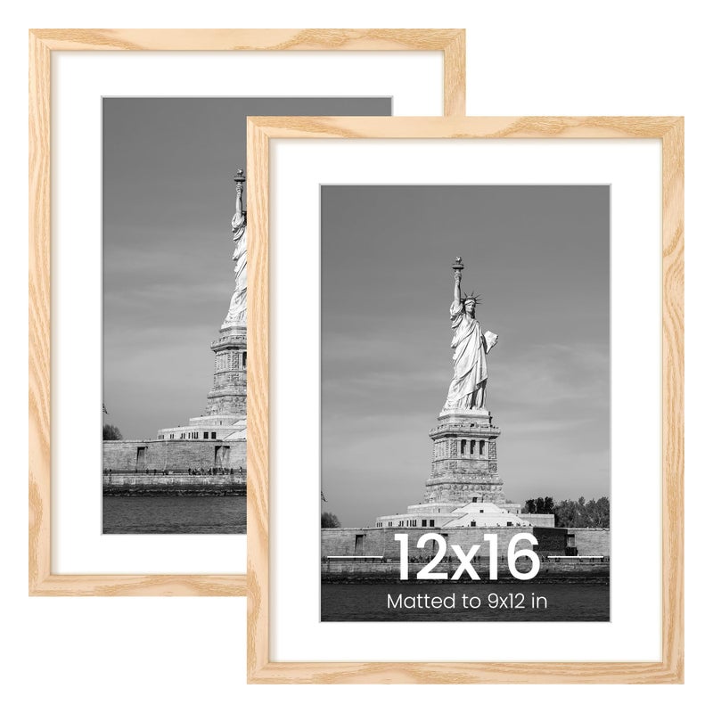 ENJOYBASICS 12x16 Picture Frame Display Poster 9x12 with Mat or 12 x 16 Without Wall Gallery Photo Frames Natural 2 Pack