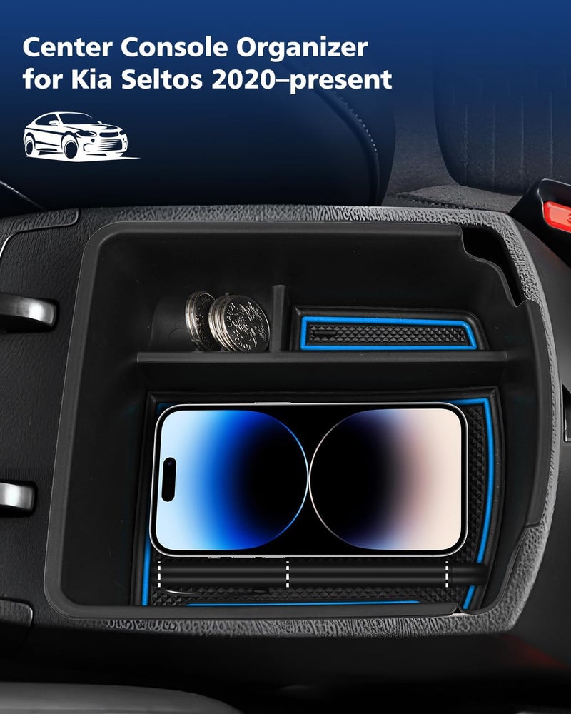 FIILINES Center Console Organizer Compatible with Kia Seltos 2023 2022 2021 2020 Console Tray Seltos Accessories Armrest Storage Box Insert Container with Blue Mats and Black Mats - Image 2
