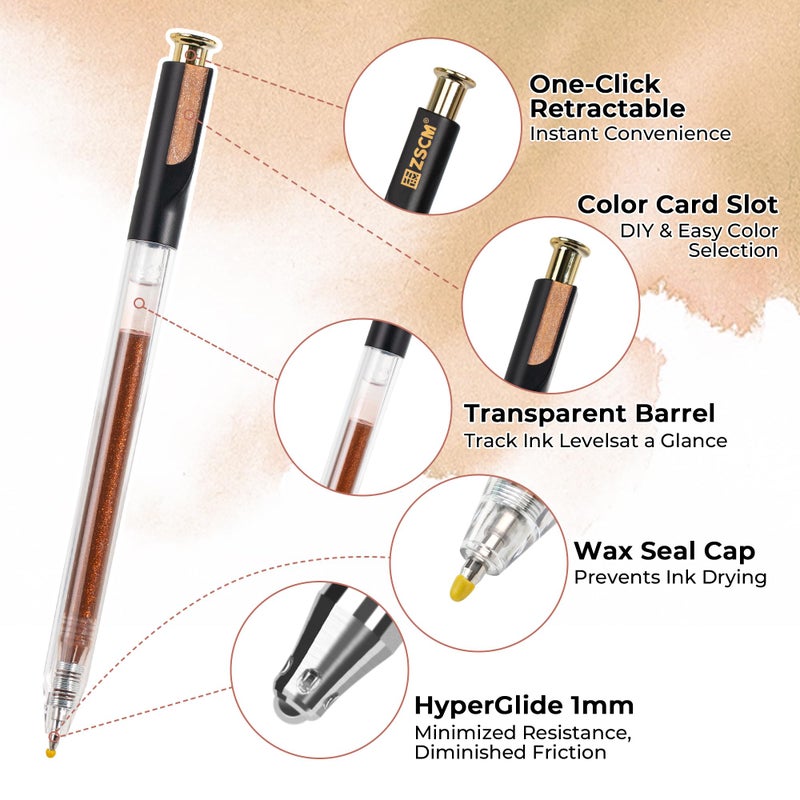 ZSCM Retractable Glitter Gel Pens, 12 Colors Large Capacity Skin Tone Glitter Metallic Gel Ink Pens, 1 mm Fine Point Smooth Writing Color Pens for Adult Coloring Book Note Taking Aesthetic Art Supplies - Image 2