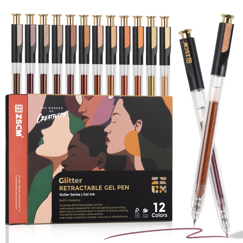 ZSCM Retractable Glitter Gel Pens, 12 Colors Large Capacity Skin Tone Glitter Metallic Gel Ink Pens, 1 mm Fine Point Smooth Writing Color Pens for Adult Coloring Book Note Taking Aesthetic Art Supplies - Image 1