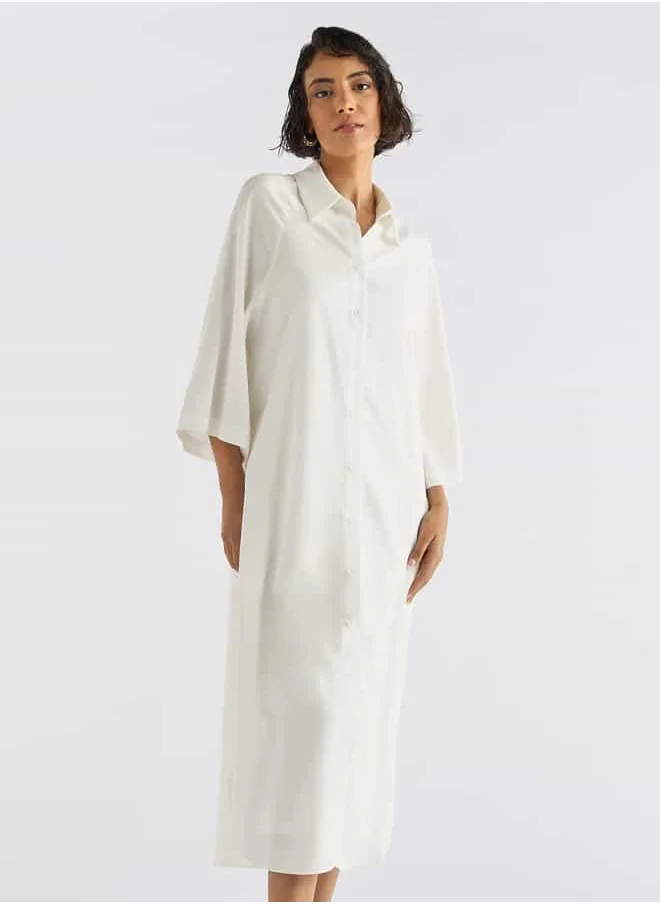 FAV Solid Button Down Shirt Dress with 3/4 Sleeves