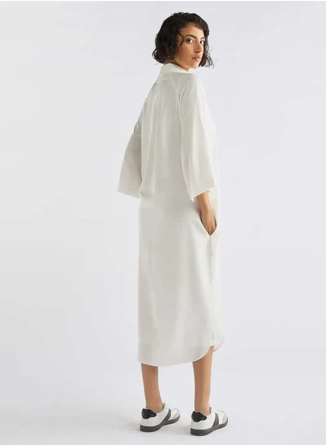 Splash FAV Solid Button Down Shirt Dress with 3/4 Sleeves