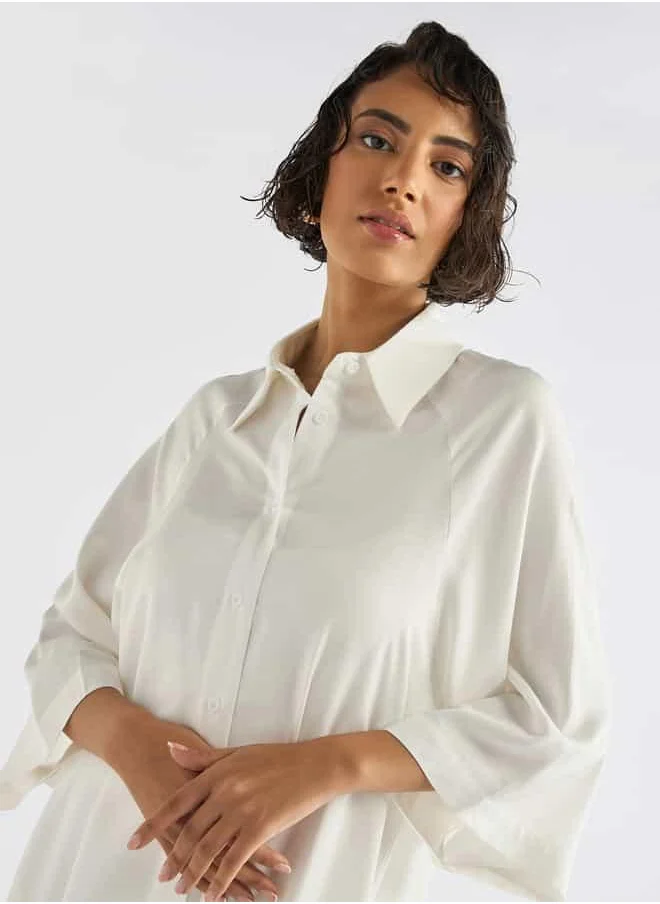 Splash FAV Solid Button Down Shirt Dress with 3/4 Sleeves