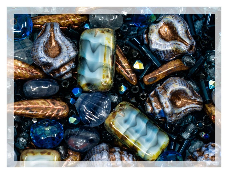 Bohemia Crystal Valley 2.1oz (60 g) Mix of Unique Czech Bohemia Glass Pressed Beads, Dark Blue, Table Cut, Matte and Glossy, Faceted Fire Polish, Hand Made Set Kit BCV - Image 1