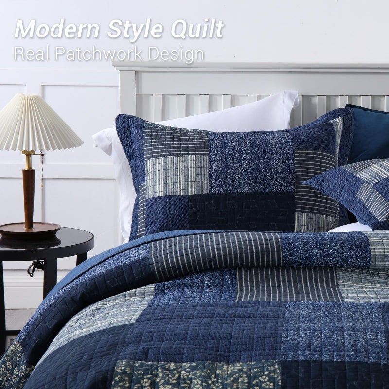 Yvooxny Quilts Queen Size Reversible Lightweight Bedspread 3-Piece Quilt Set Plaid Floral Patchwork 100% Cotton Queen Quilt Set Bedding Set with Pillow Shams for All Seasons, Azure Blue, 90x98'' - Image 2