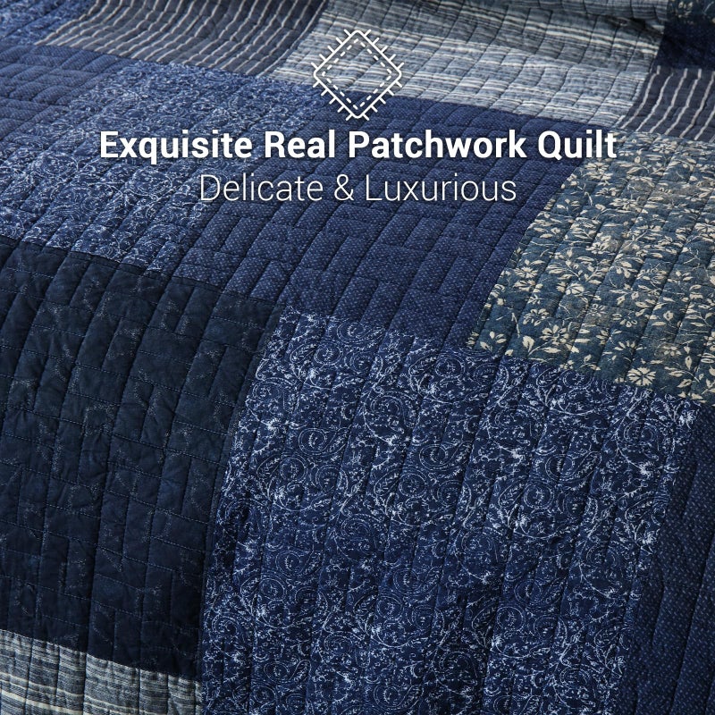 Yvooxny Quilts Queen Size Reversible Lightweight Bedspread 3-Piece Quilt Set Plaid Floral Patchwork 100% Cotton Queen Quilt Set Bedding Set with Pillow Shams for All Seasons, Azure Blue, 90x98'' - Image 4