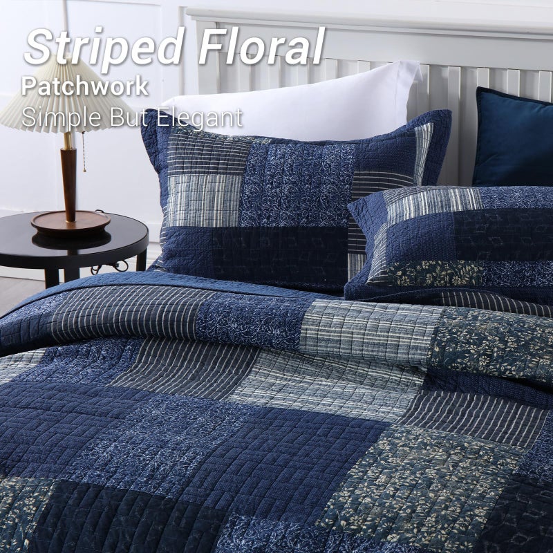 Yvooxny Quilts Queen Size Reversible Lightweight Bedspread 3-Piece Quilt Set Plaid Floral Patchwork 100% Cotton Queen Quilt Set Bedding Set with Pillow Shams for All Seasons, Azure Blue, 90x98'' - Image 5
