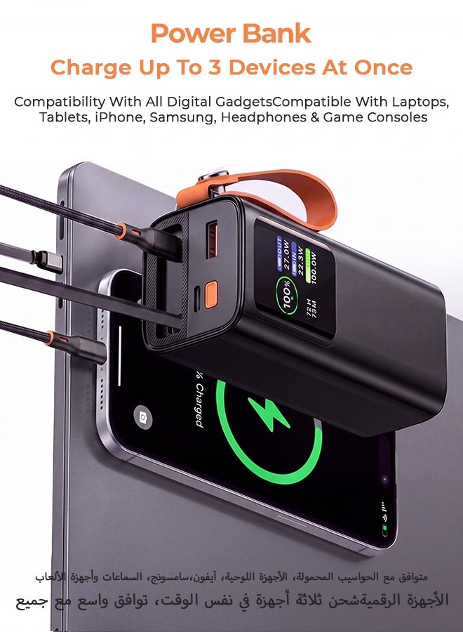 20000mAh 100W Fast Charging Power Bank with Built-in Retractable Type-C Cable & Flashlight, HD Digital Display Portable Charger, 2 Input 3 Output, Flight Approved - Black - Image 1