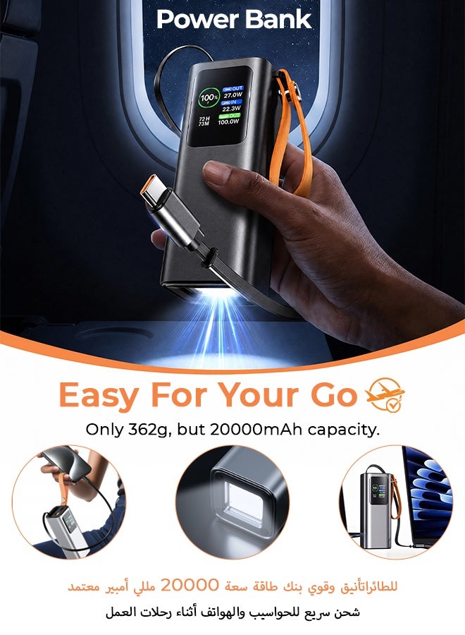 20000mAh 100W Fast Charging Power Bank with Built-in Retractable Type-C Cable & Flashlight, HD Digital Display Portable Charger, 2 Input 3 Output, Flight Approved - Black - Image 5