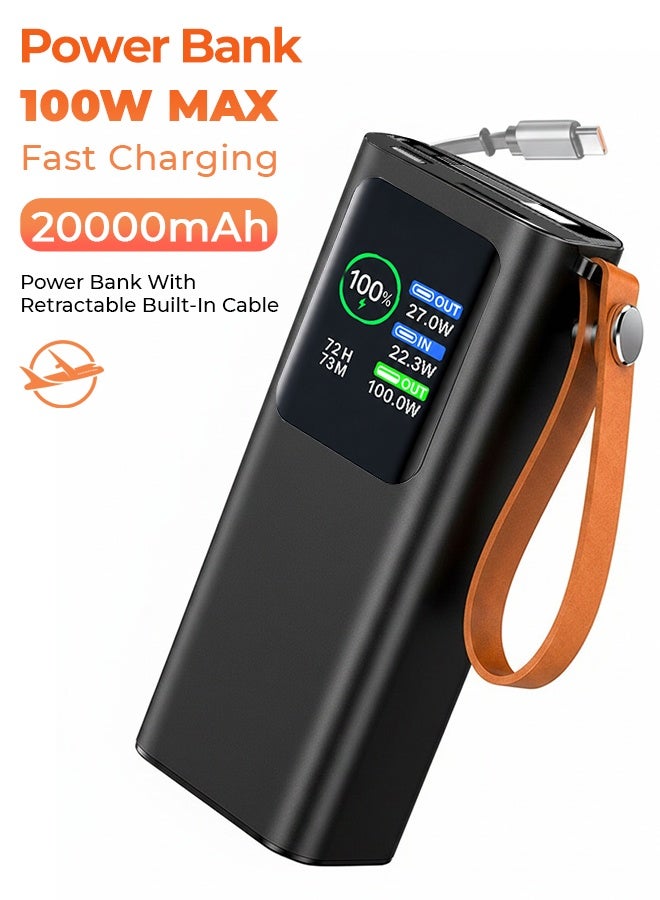 20000mAh 100W Fast Charging Power Bank with Built-in Retractable Type-C Cable & Flashlight, HD Digital Display Portable Charger, 2 Input 3 Output, Flight Approved - Black - Image 2
