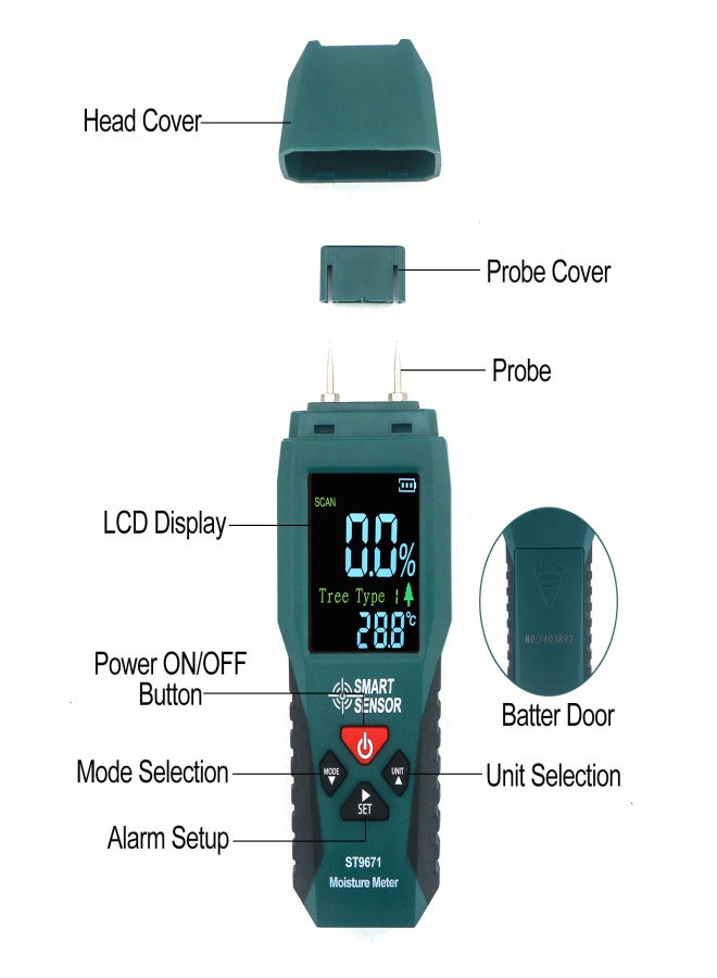 سمارت سنسور مقياس رطوبة ذكي للخشب، مزود بمستشعر دقيق، وشاشة LCD، وجهاز قياس محتوى بأربعة أوضاع للخشب والخيزران والورق والأعشاب. - Image 4