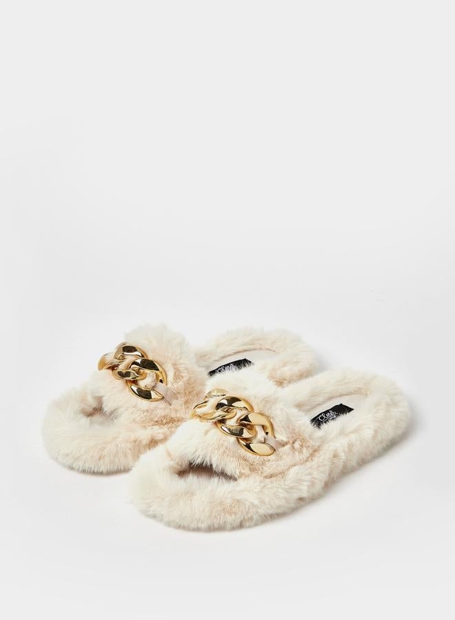 Closet Chain Detail Faux Fur Bedroom Slippers - Image 4