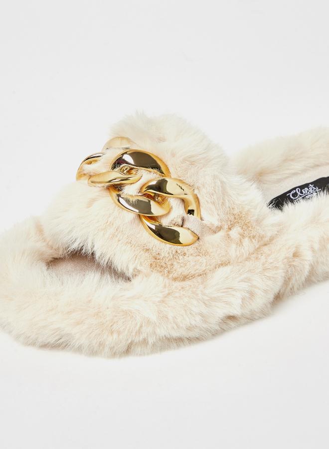 Closet Chain Detail Faux Fur Bedroom Slippers - Image 5