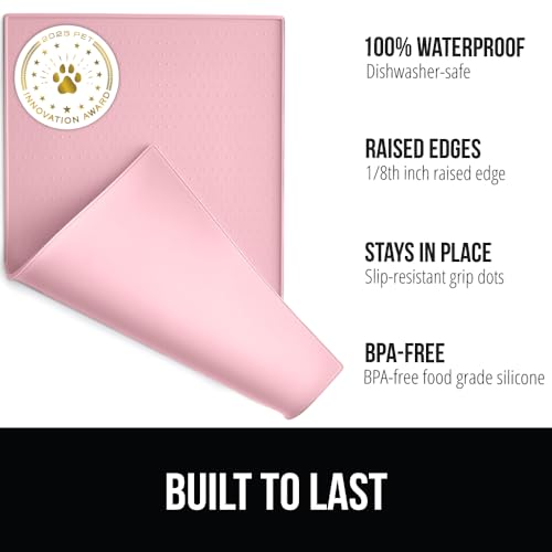 GORILLA GRIP 100% Waterproof Raised Edge BPA Free Silicone Pet Feeding Mat, Dog Cat Food Mats Contain Spills Protects Floors, Placemats for Cats and Dogs Water Bowl, Pets Accessories 18.5x11.5 Pink - Image 2