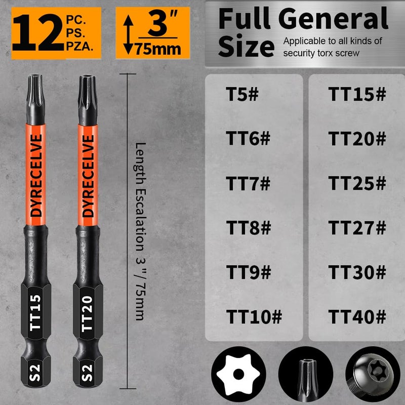 DYRECELVE 12-Pack Impact Security Torx Bit Set (T5-T40) 3-Inch Long, S2 Steel, Professional Tamper Proof Star Bits Set, with 1/4" Hex Shank, Magnetic & High Torque for Automotive/Electronics/DIY - Image 3