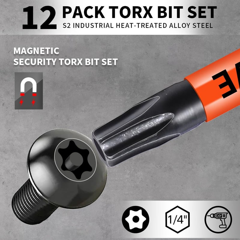 DYRECELVE 12-Pack Impact Security Torx Bit Set (T5-T40) 3-Inch Long, S2 Steel, Professional Tamper Proof Star Bits Set, with 1/4" Hex Shank, Magnetic & High Torque for Automotive/Electronics/DIY - Image 2