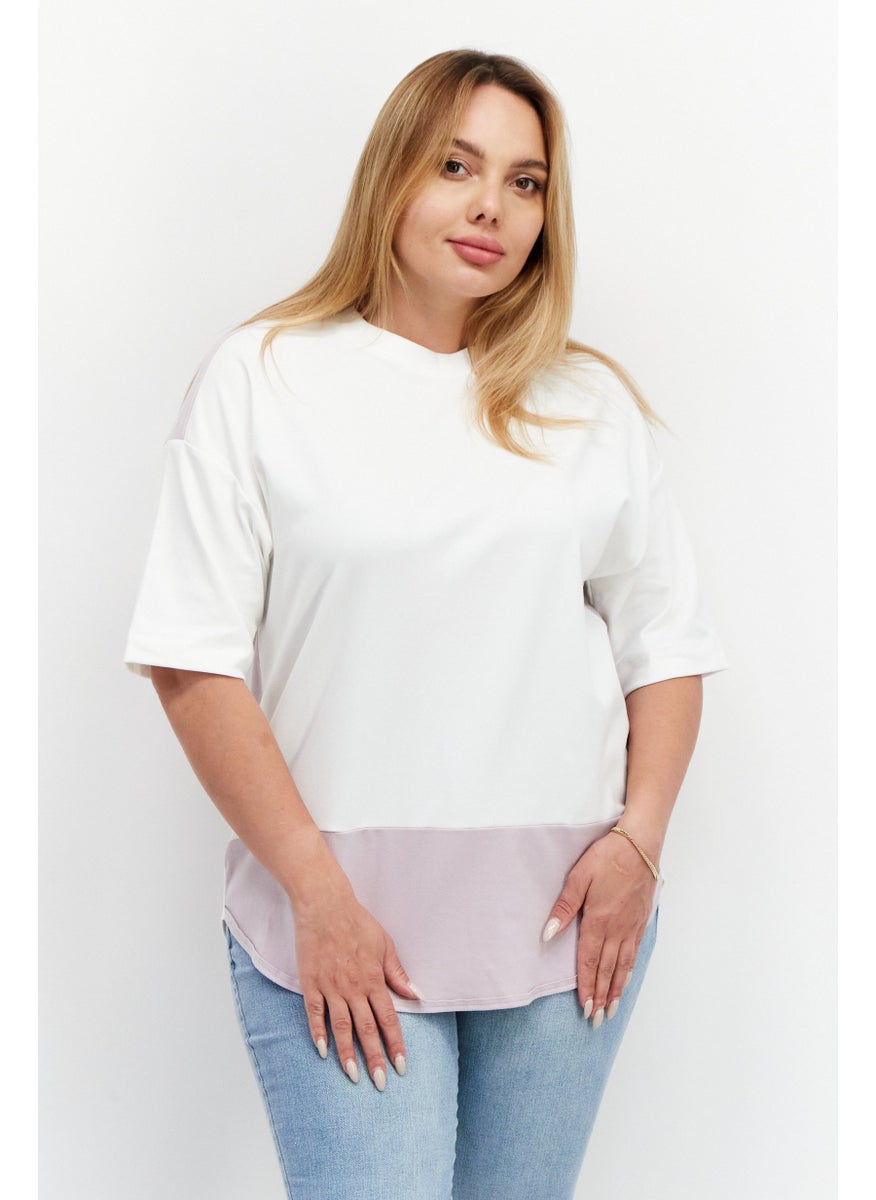 ESPRIT Women Round Neck Short Sleeve Two-Toned T-Shirt, White/Lavender  - Image 1