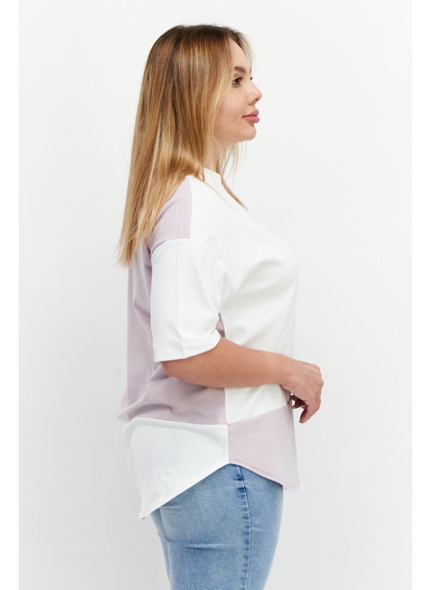 ESPRIT Women Round Neck Short Sleeve Two-Toned T-Shirt, White/Lavender  - Image 3