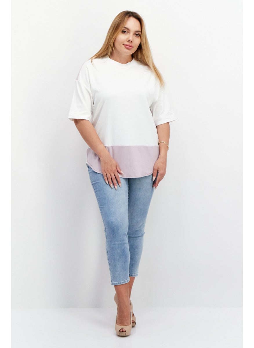 ESPRIT Women Round Neck Short Sleeve Two-Toned T-Shirt, White/Lavender  - Image 4