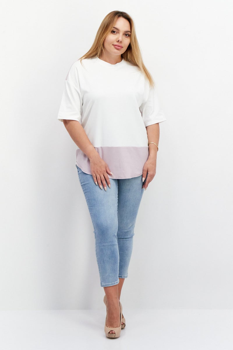 ESPRIT تي شيرت نسائي بأكمام قصيرة وياقة دائرية بتصميم مزدوج اللون، أبيض/لافندر - Image 4