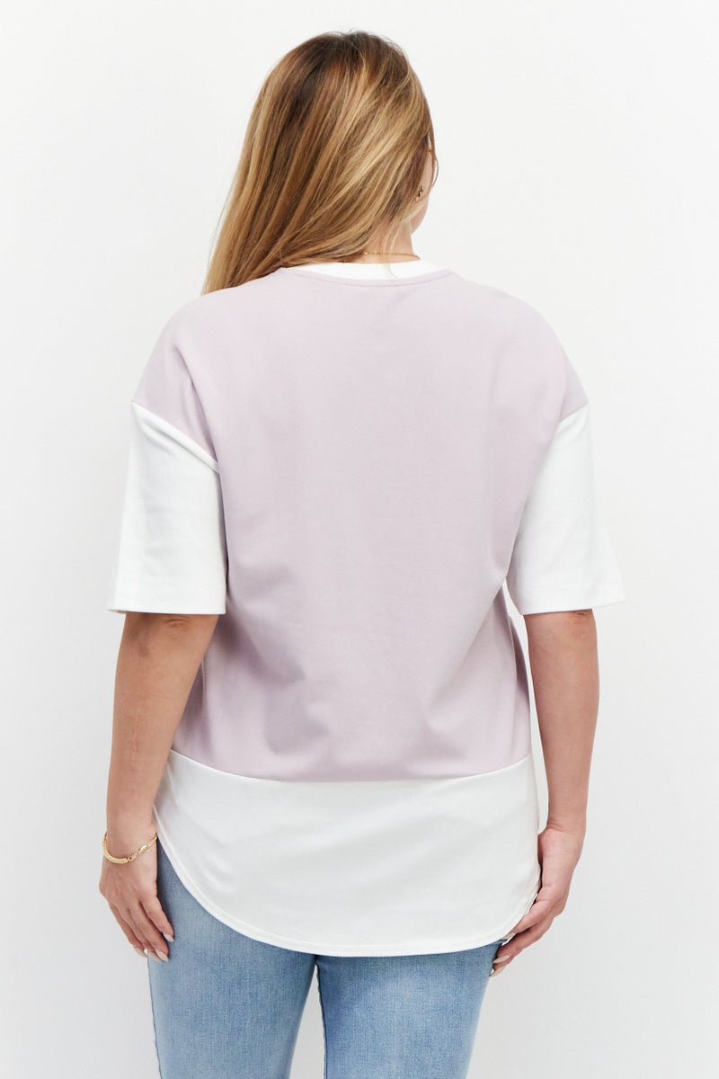 ESPRIT تي شيرت نسائي بأكمام قصيرة وياقة دائرية بتصميم مزدوج اللون، أبيض/لافندر - Image 2