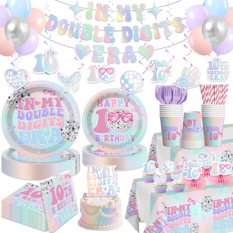 Yingoto 225pcs 10th Birthday Decorations for Girl Double Digits Birthday Girl Thickened Plates and 2 Tablecloths for Parties and Gatherings In My Double Digits Era Tableware Set Serves 25 - Image 2