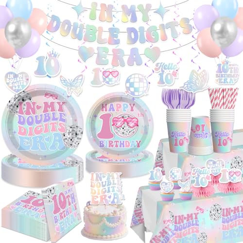 Yingoto 225pcs 10th Birthday Decorations for Girl Double Digits Birthday Girl Thickened Plates and 2 Tablecloths for Parties and Gatherings In My Double Digits Era Tableware Set Serves 25 - Image 1