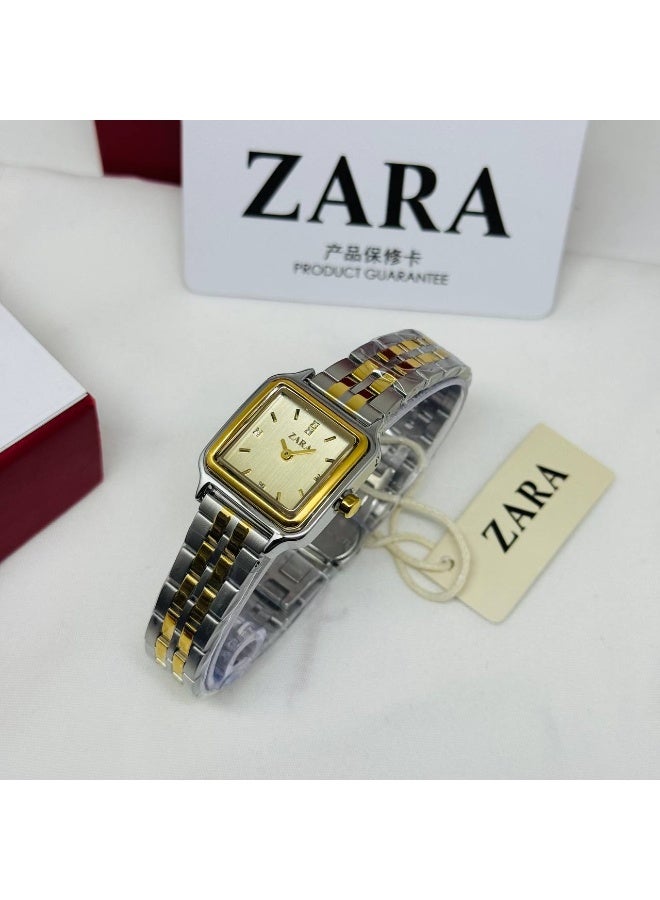 ZARA Classic Women's Two-Tone Rectangular Watch | Gold Dial & Date Window | Stainless Steel Bracelet