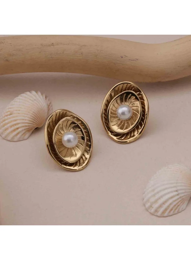 بالموناس 18K Gold Tone Plated Shell Pearl Earrings For Women - Waterproof & Anti-Tarnish