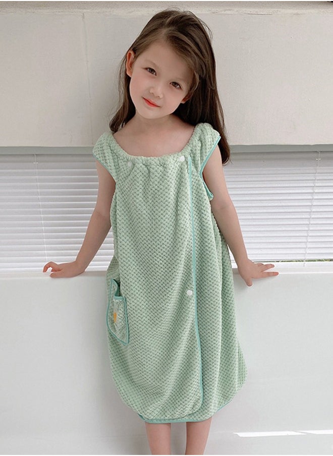 DUNISO Bath Robe for Kids, Off Shoulder Wearable Girl Bath Towel, Light Green Coral Velvet Bathrobe Towel with Side Pocket and Snap Buttons, Quick Dry Lightweight Highly Water Absorbent Beach Towel  - Image 1